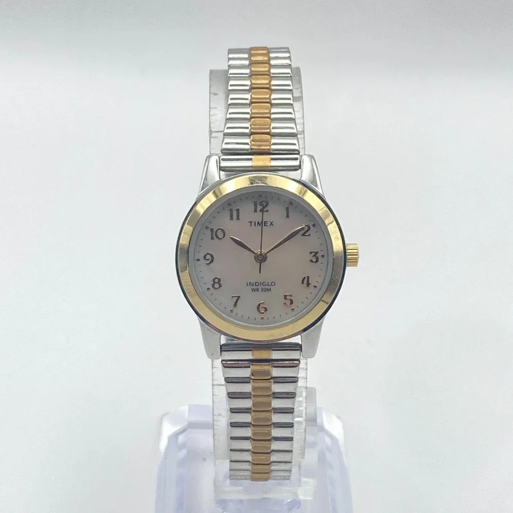 Timex Women's Watch 25mm Silver Gold Two Tone MOP Indiglo Stretch New Battery